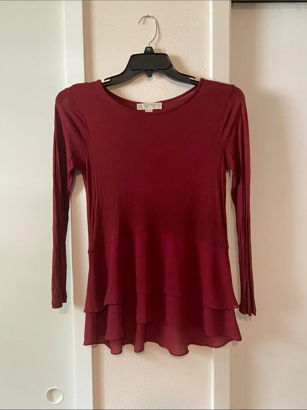 Michael Kors Burgundy Layered Hem Long-Sleeve Top